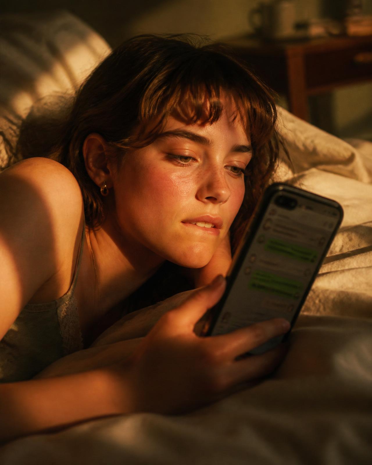 Girl reading his texts late at night